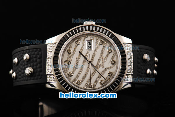 Rolex Datejust Automatic Movement Steel Case with White Diamond Dial/Hour Marker and Black Diamond Bezel-Black Rubber Strap - Click Image to Close